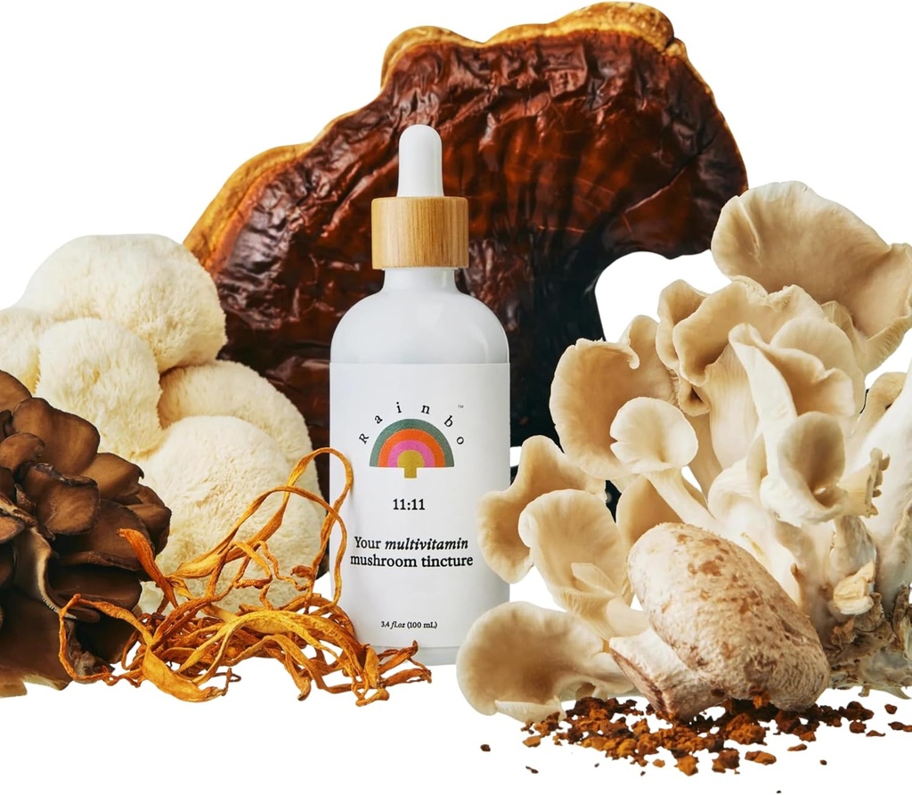 Rainbo - 11:11 Mushroom Tincture - 11-in-1 Dual Extract Mushroom Blend - Suport Immune cuprinzător, Brain Support, Liquid Lion's Mane & Turkey Tail, Vegan, Non OMG, 3.4 fl oz