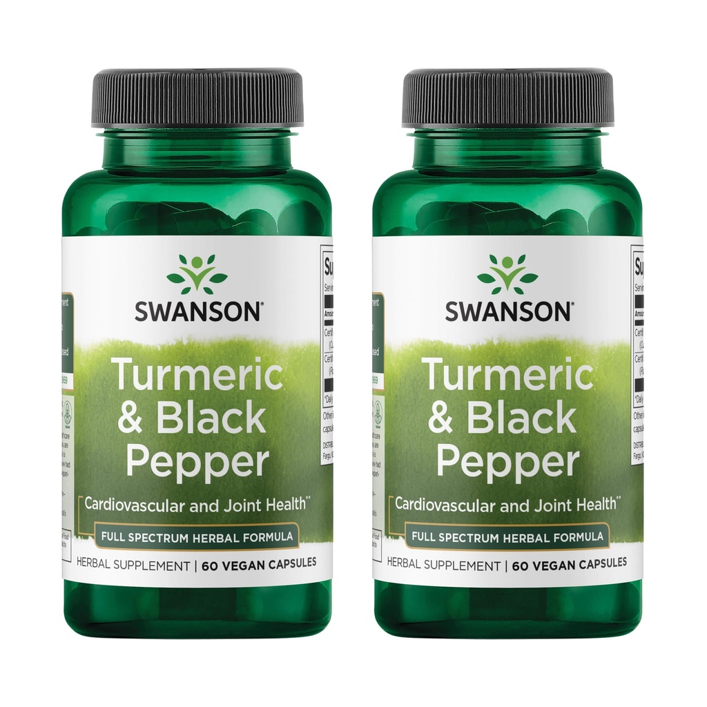 Swanson Turmeric & Black Pepper - Organic Joint Health, Heart Health, Digestion, & Liver Supplement - Formula naturală pentru biodisponibilitatea îmbunătățită și absorbție - (60 Veggie Capsule) 2 Pack