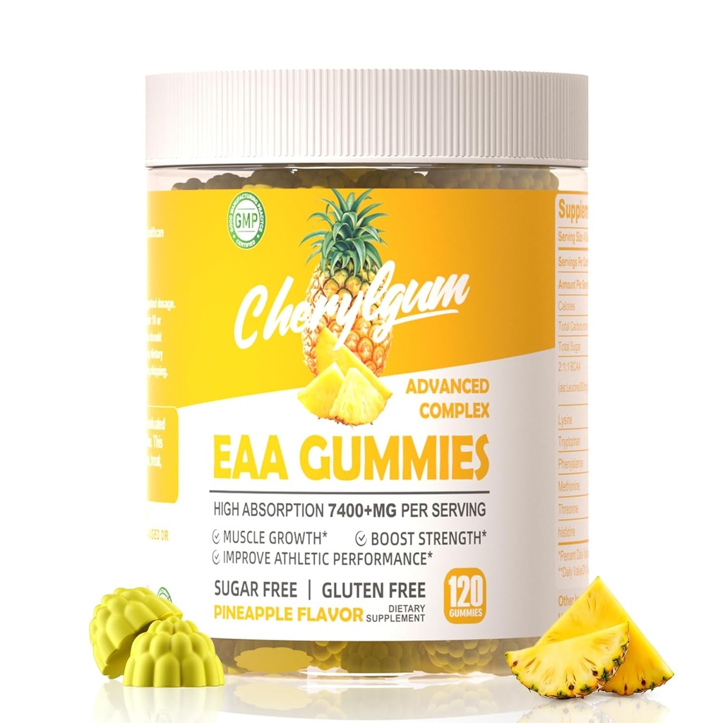 EAA Gumies 120 Ananas Gummies, 7400 mg Aminoacidi esențiali - toate 9 Aminos esențiale (EAA) și toate Aminos ramurid-chain (BCAA), non-GMO, gluten gratuit, Vegetarian prietenos.