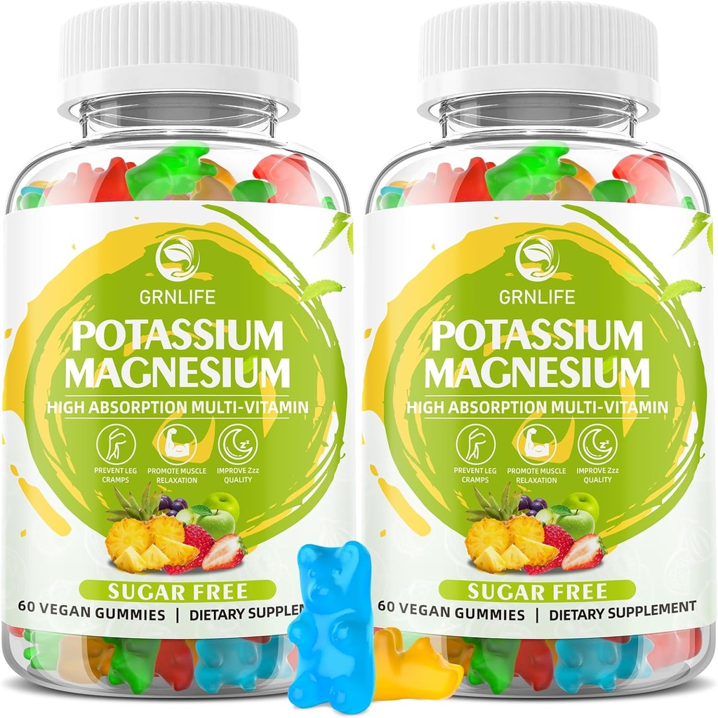 Gume suplimentare de magneziu de potasiu, Gume de potasiu pentru adulți Copii, glicinat de magneziu de înaltă absorbție pentru Crampa Leg & Immune Health, Sugar-Free, Aroma mixta Vegan, 120 Conte