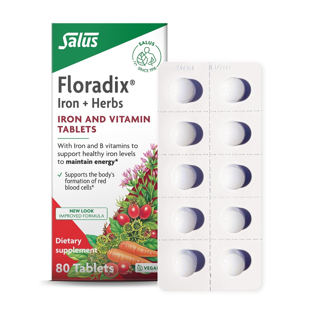 Comprimate de fier Floradix - Supliment de fier cu vitamine B, acid folic, vitamina C & More - Suport energetic - Vegetarian & Gluten-Free - 80 comprimate (80 Servings)