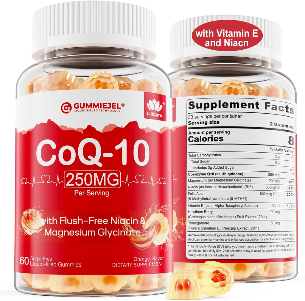 CoQ10 Gume umplute cu zahăr 250MG, Coenzime Q10 w/Magnesium Glicinate, Niacin No-Flush Vitamina B3, E & Acid folic, CoQ10 de înaltă absorbție pentru HEA-rt, Cellular Energy & Antioxidant