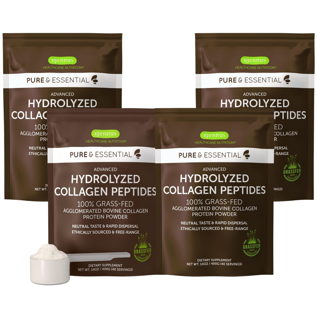 Igennus Free Range Grass Hed Hidrolyzed bovine Colagen Peptides, Neutru Gust, 100% cel mai mare grad bovine Colagen Proteina pulbere, Tipurile 1, 2 & 3, Eticheta curata, non-GMO, Gamă liberă,4 x 40 Serviri