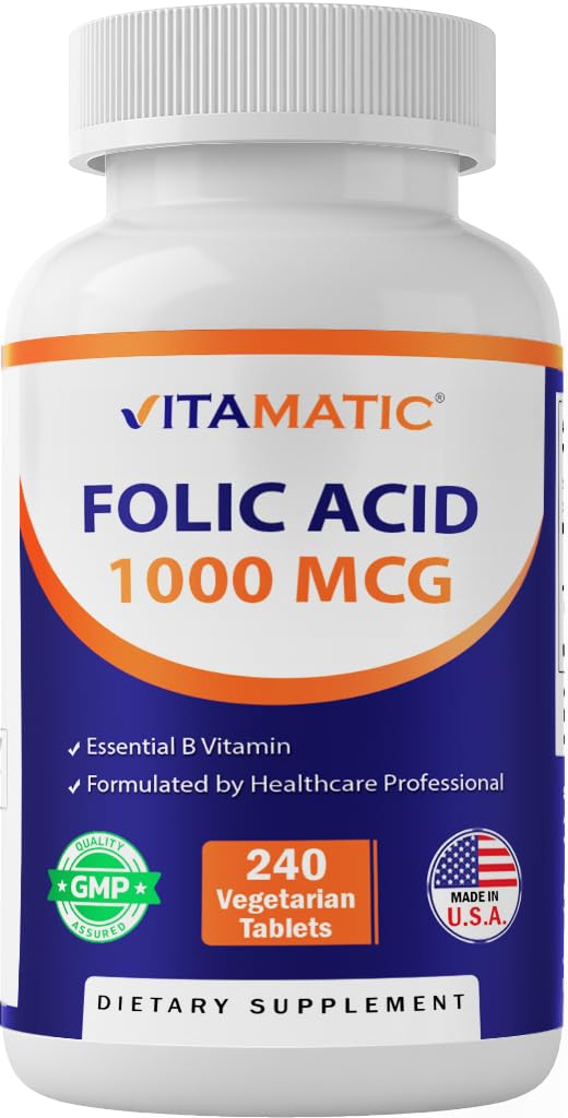 Vitamatic Folic Acid 1000 mcg (1 mg) - Vegetarian Tablets - 1667 mcg DFE - Vitamina B9 (240 Count (Pachet de 1)