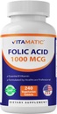 Vitamatic Folic Acid 1000 mcg (1 mg) - Vegetarian Tablets - 1667 mcg DFE - Vitamina B9 (240 Count (Pachet de 1)