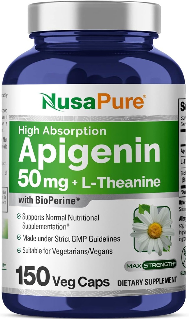 NusaPure Apigenin 50mg & L-Theanine 200mg, 150 Capsule vegetale, Bioperine (non-GMO, Gluten Free)