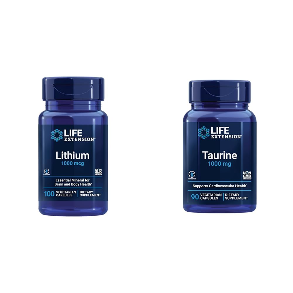 Life Extensie Litiu 1000 mcg şi Taurină 1000 mg - Brain Health, Anti-Aging, Longevity, Memory, Cognition, Mood, Heart, Ficat, Muscle and Exercice Support - 100 Conte