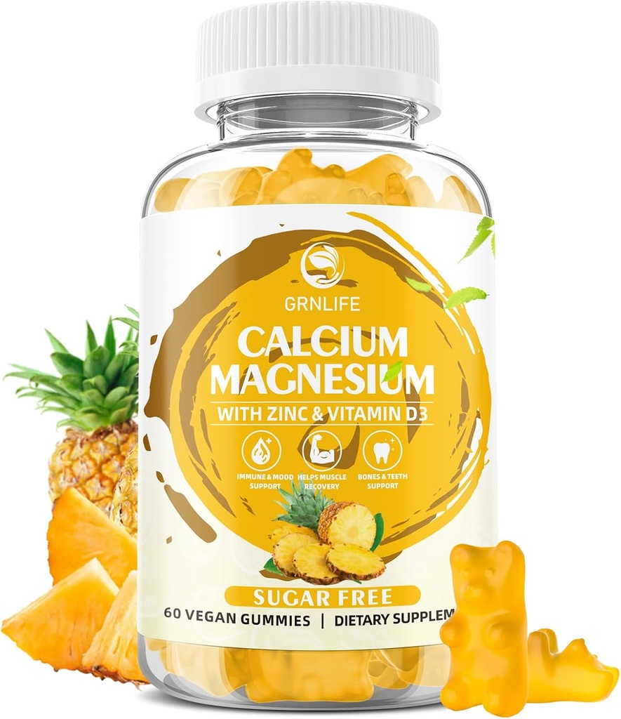 Gume de zinc de calciu de magneziu cu vitamina D3, gume de calciu fără zahăr pentru femei Bărbaţi, Gume de magneziu de mare potenta pentru Bone & Musculare & Imuna Sănătate, Ananas Flavor - 60 Conte