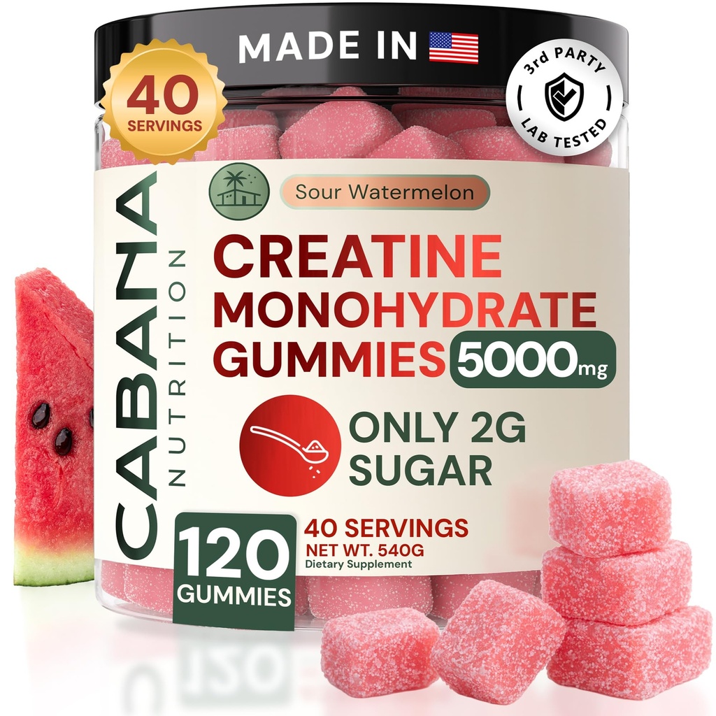 Creatin Monohidrat Gummies 5g - Doar 2g Zahăr, Made in USA - Aroma de pepene verde - Vegan & 3rd Party Testat - Pre & Post Workout Supliment pentru femei și bărbați (120 Conte, 40 Serviri)