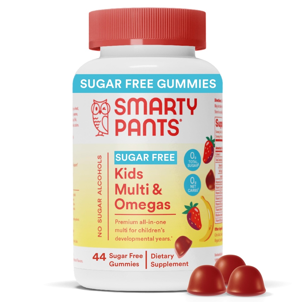 SmartyPants Kids Multivitamine Gummies, Sugar Free: Omega 3 (ALA), Vitamina D3, C, Vitamina B12, B6, A, K & Zinc pentru Suport Immune, Biotin, Erythritol Free, Capsuni Banana, 44 Conte (22 zile de aprovizionare)