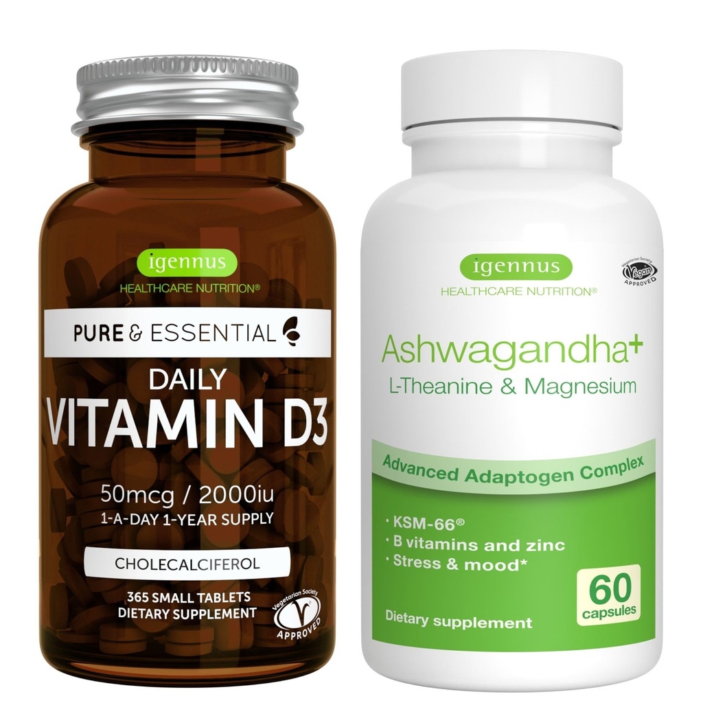 Daily Vitamin D3 + Ashwagandha+ L-Theanin & Magneziu Vegetarian Bundle, 365 2000iu Vitamina D3 Tablete + 600mg KSM-66 Ashwagandha cu zinc & B Vitamine, de Igennus