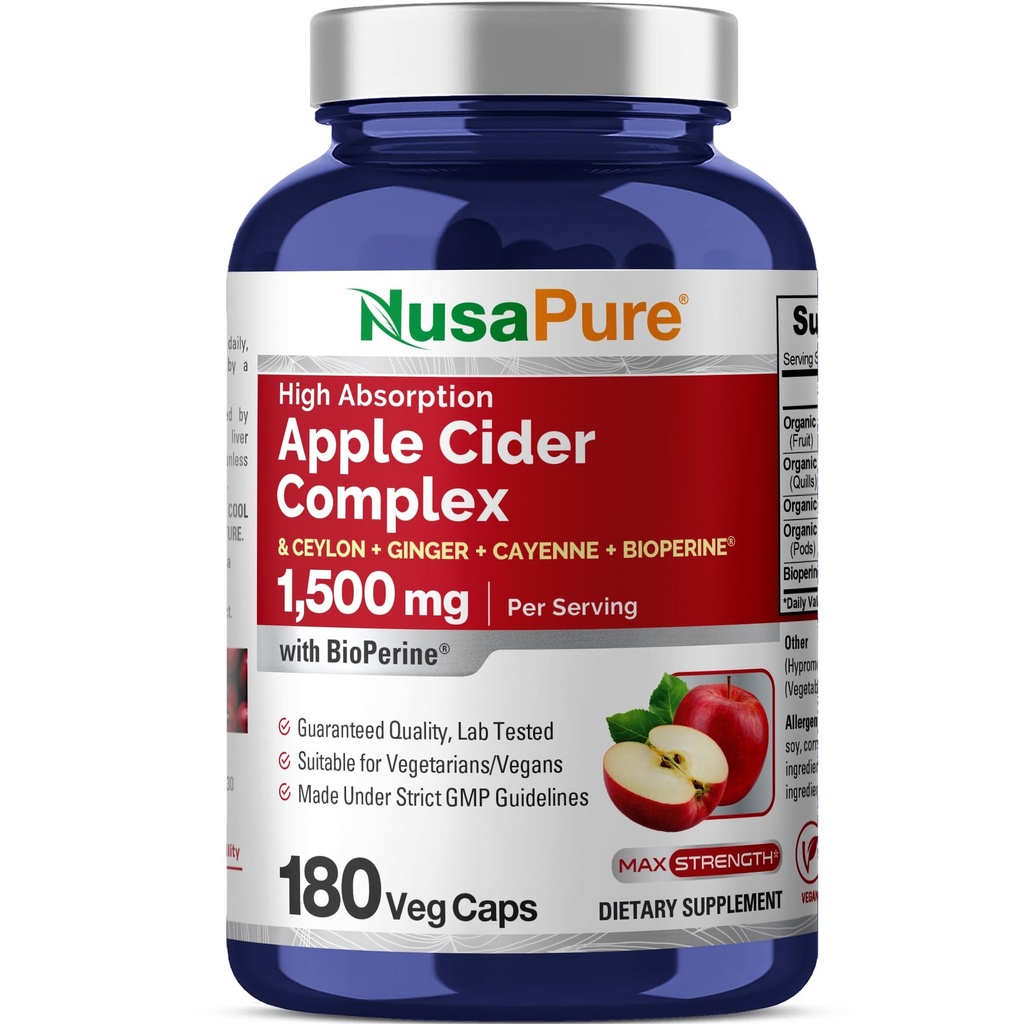 NusaPure Apple Cidru Complex Otegar 1500 mg 180 Veg Caps Potrivit pentru vegetarieni și Vegas, Non-GMO