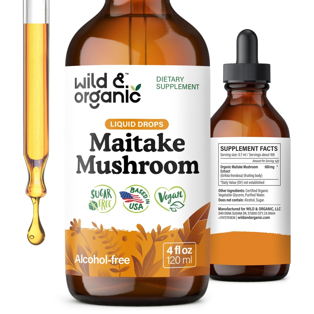 Maitake Wild & Organic Mushtake Tinctură - Supliment de sprijin imun - Extract de maitake lichid de ciuperci - Vegan, picături fără zahăr și alcool - 4 fl oz