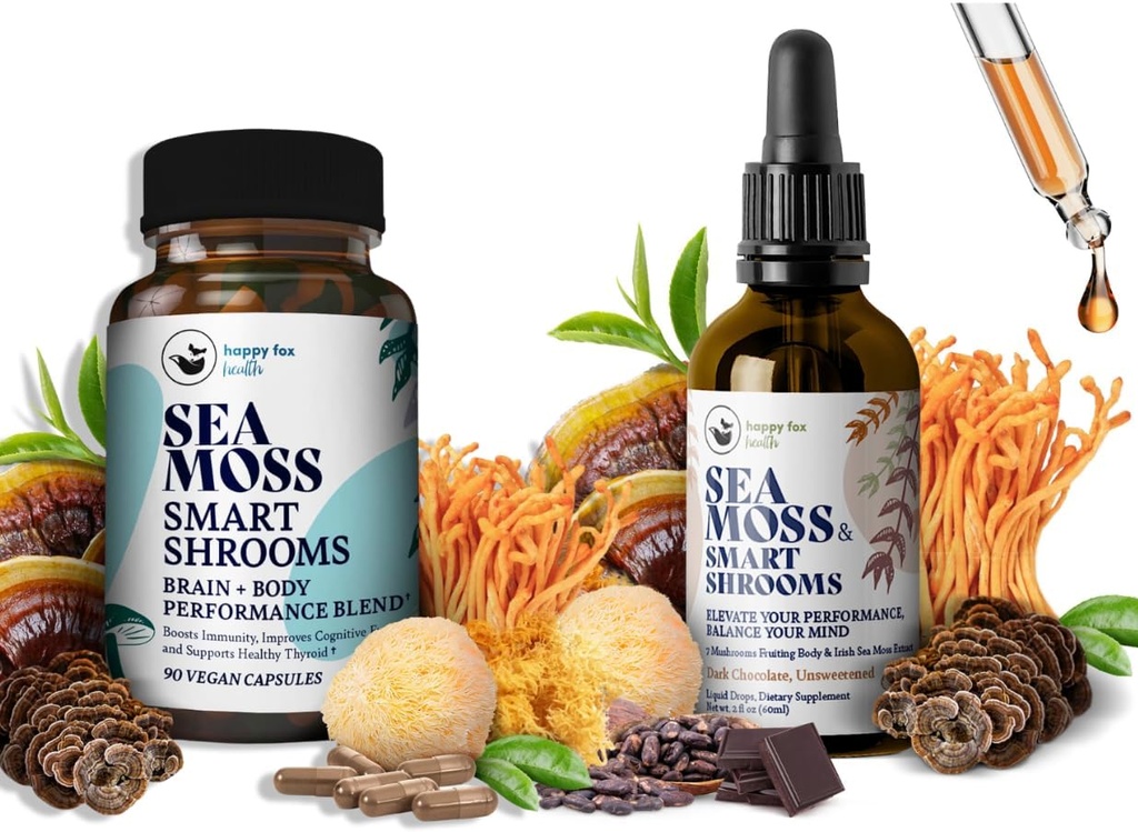 Brain Superfoods Bundle - Organic Sea Moss & Smart Shrooms, Capsule și picături lichide Bundle, Seamoss irlandez organic și 7 Suplimente adaptogene pentru memorie și concentrare. Picături lichide în aromă de ciocolată