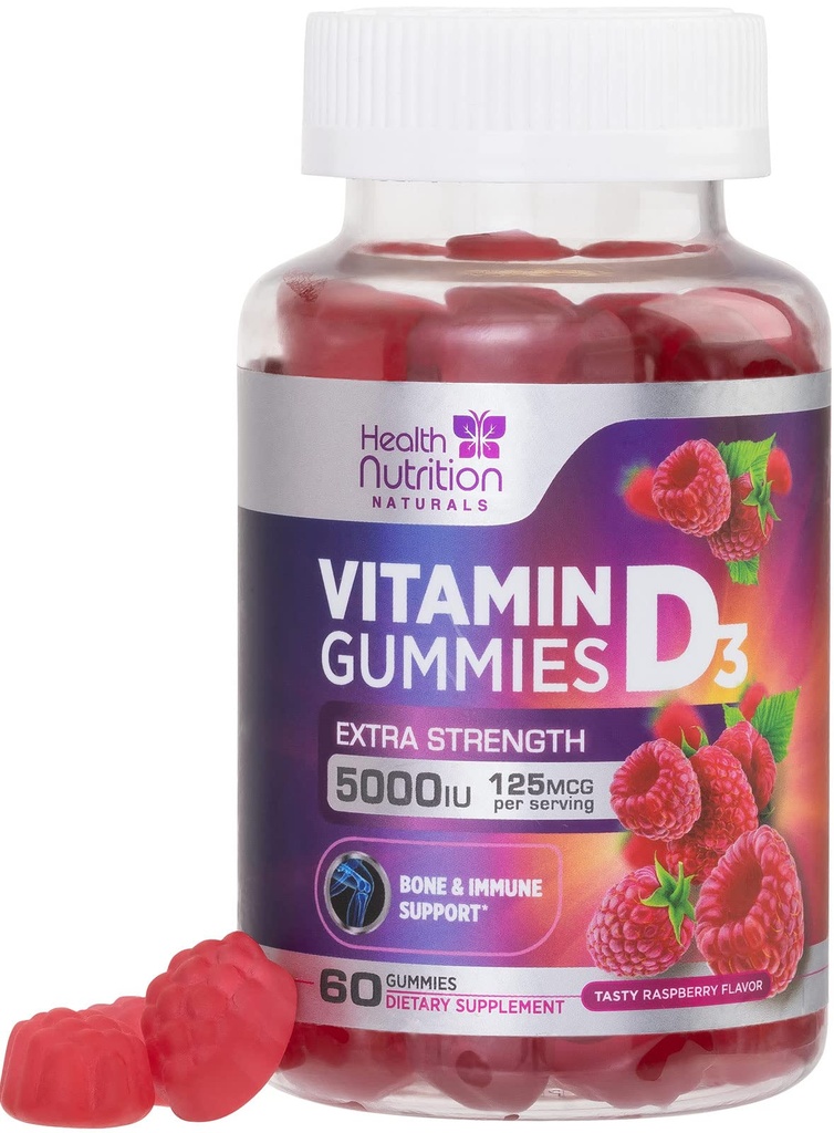 Vitamina D3 Gumies 5000 UI (125 mcg) - Triple Putere Osoasa si Immune de sprijin, Vitamina D Gummy Supliment alimentar, Natura Berry D Suplimentul de vitamine, Aroma de zmeura, Non-GMO - 60 Gume