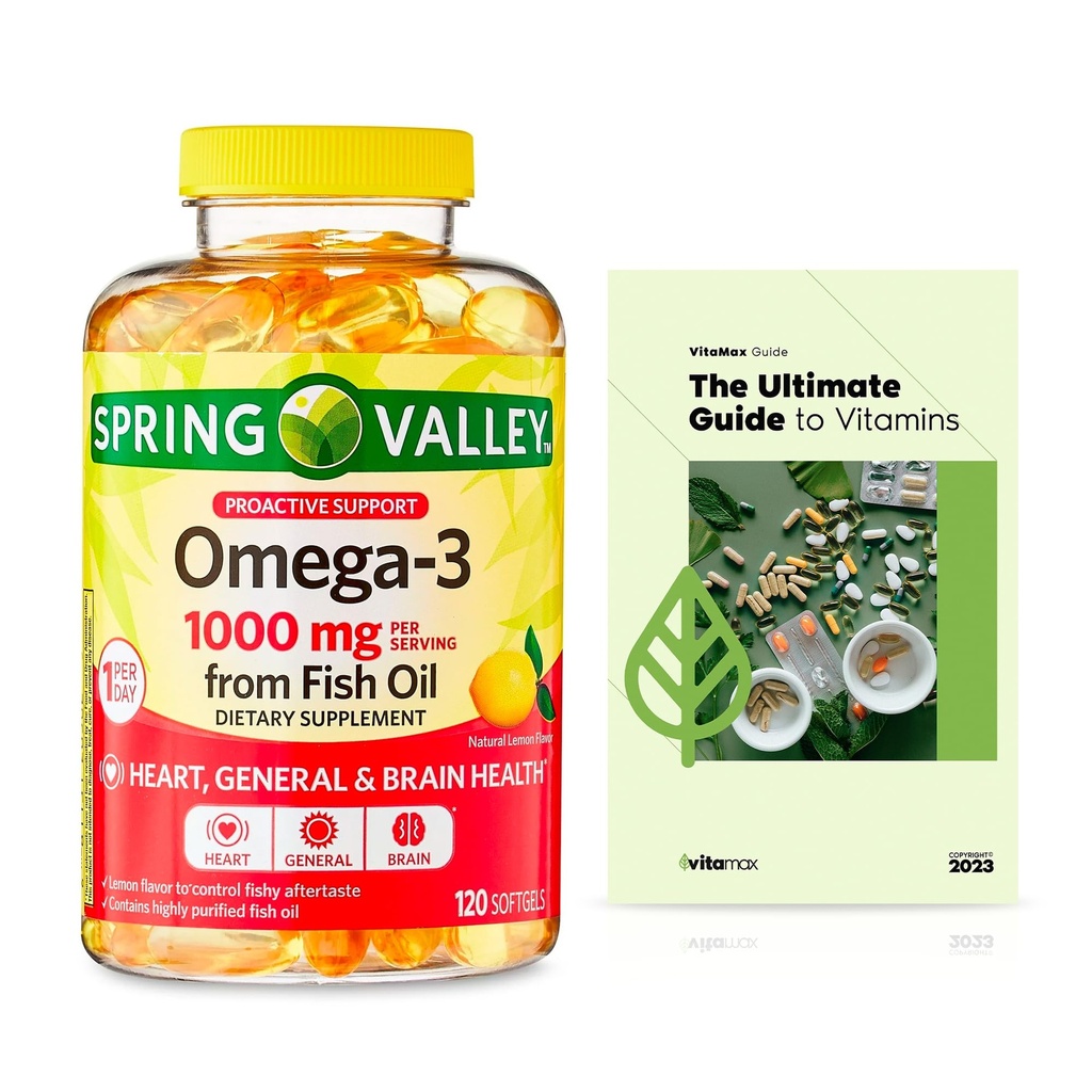 Spring Valley Omega-3 din ulei de pește 1000 mg, Îngrijire maximă, 120 Conte + Exclusiv VitaMax Vitamina Guide (2 elemente)