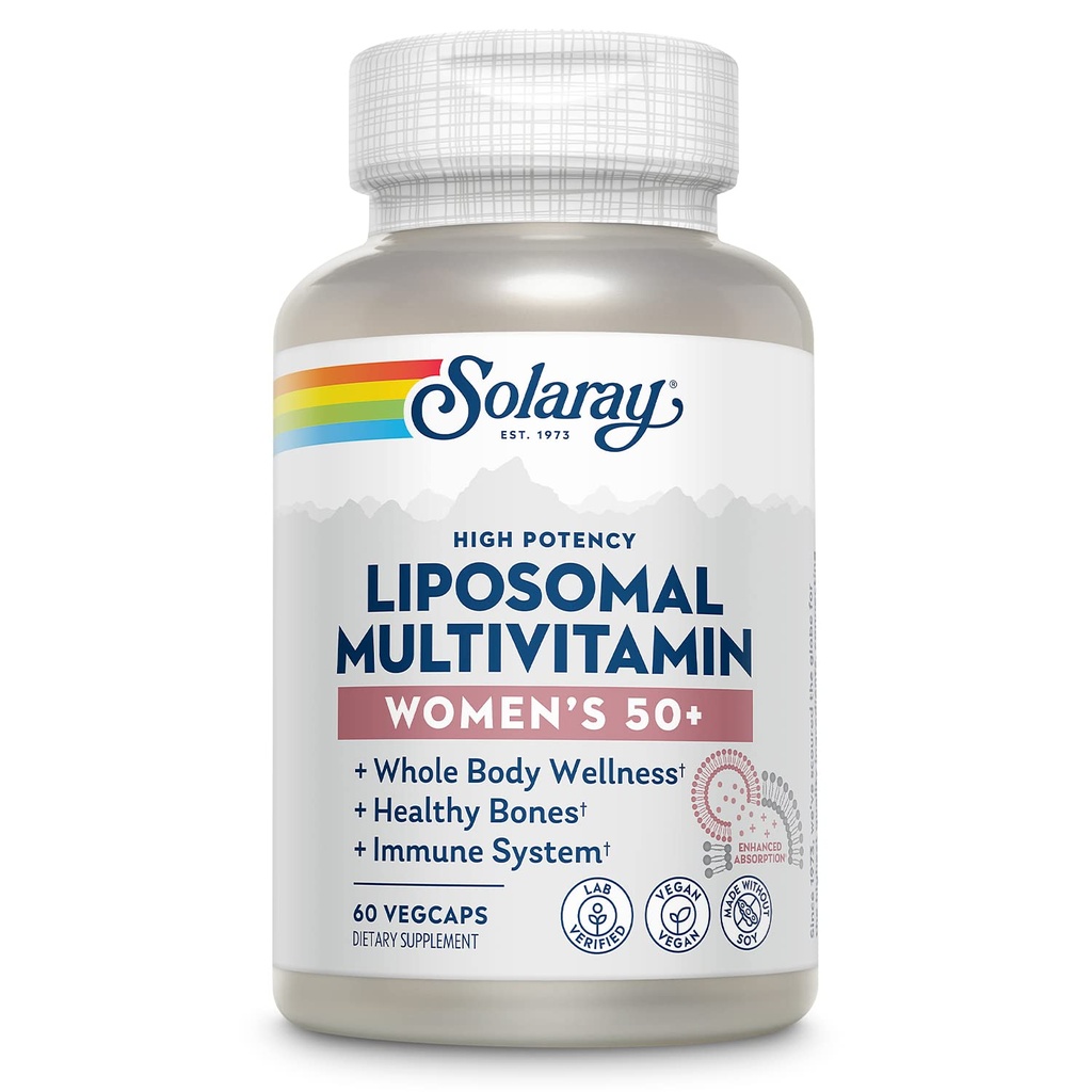 SOLARAY Multivitamine lipozomale pentru femei 50 Plus, Absorbţie îmbunătăţită cu fier, vitamina D, vitamina C, B12, Biotin & More, Suport Imun şi Sănătate osoasă, Vegan, 30 Serviri, 60 VegCaps