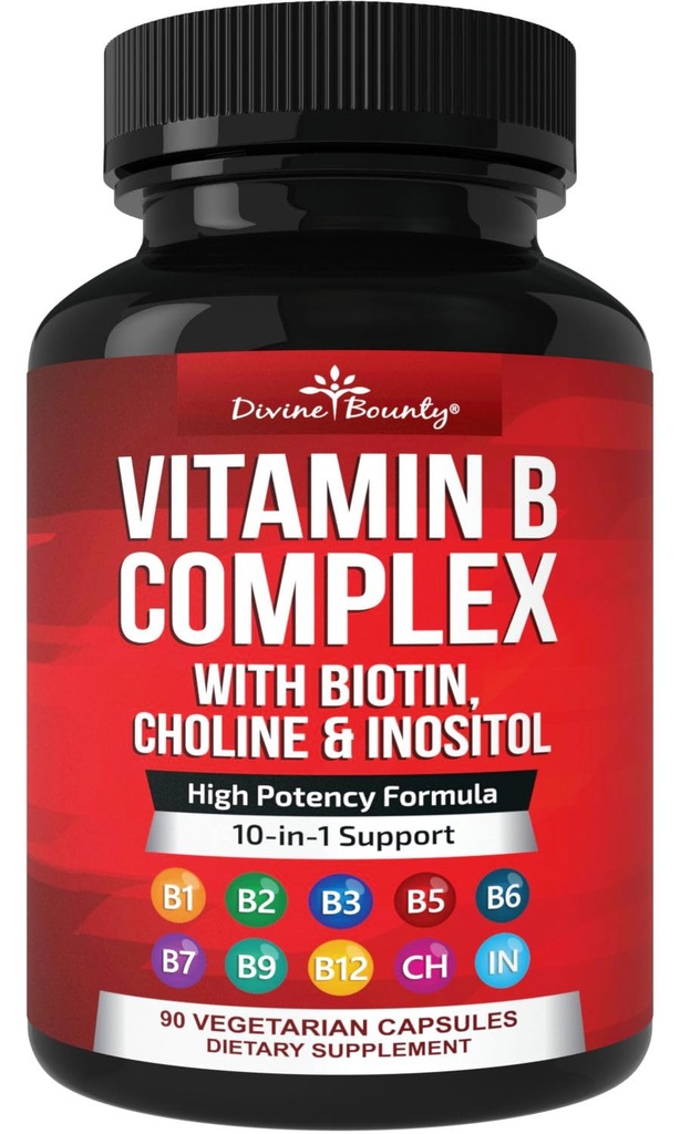 Divine Bounty Super B Complex Vitamine - Toate vitaminele B, inclusiv B12, B1, B2, B3, B5, B6, B7, B9, Acid folic - Vitamina B Supliment - Sprijin de energie sănătoasă Metabolism - 90 Capsule vegetariene