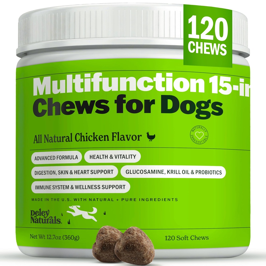 Deley Naturals 15 din 1 Multivitamine pentru câini - Vitamine complete pentru câini și suplimente pentru suport imunitar, comun, piele, digestia, inima & sănătatea generală - Suplimente multifuncționale zilnice - 120 Chews