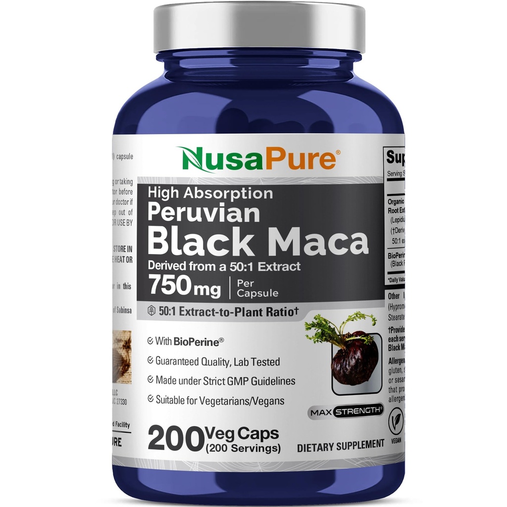 NusaPure Black Maca Root 50:1 Extract, 750 mg echivalent cu 37500 mg 200 Veggie Per Caps (Vegan, Non-GMO)