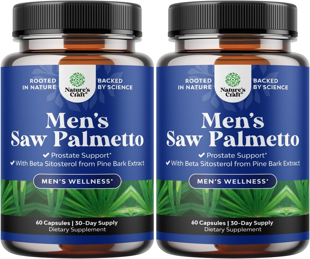 Saw Palmetto pentru barbati cu Beta Sitosterol - Saw Palmetto Extractul de prostata Supplementar pentru sanatate barbatilor si un control mai bun al vezicii urinare Plus Restaurarea suplimentului de par pentru sanatatea parului pentru barbati - 2 Pack