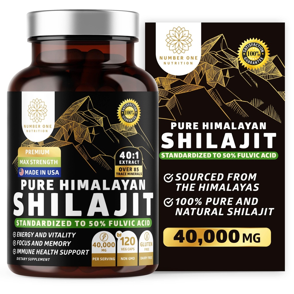 Pure Himalayan Shilajit Supliment pentru bărbați și femei, [40,000MG, Max Putere] Conține 50% Acid fuzilic cu peste 85 de urme minerale pentru a sprijini energia, creierul și imunitatea, 120 Veg Caps