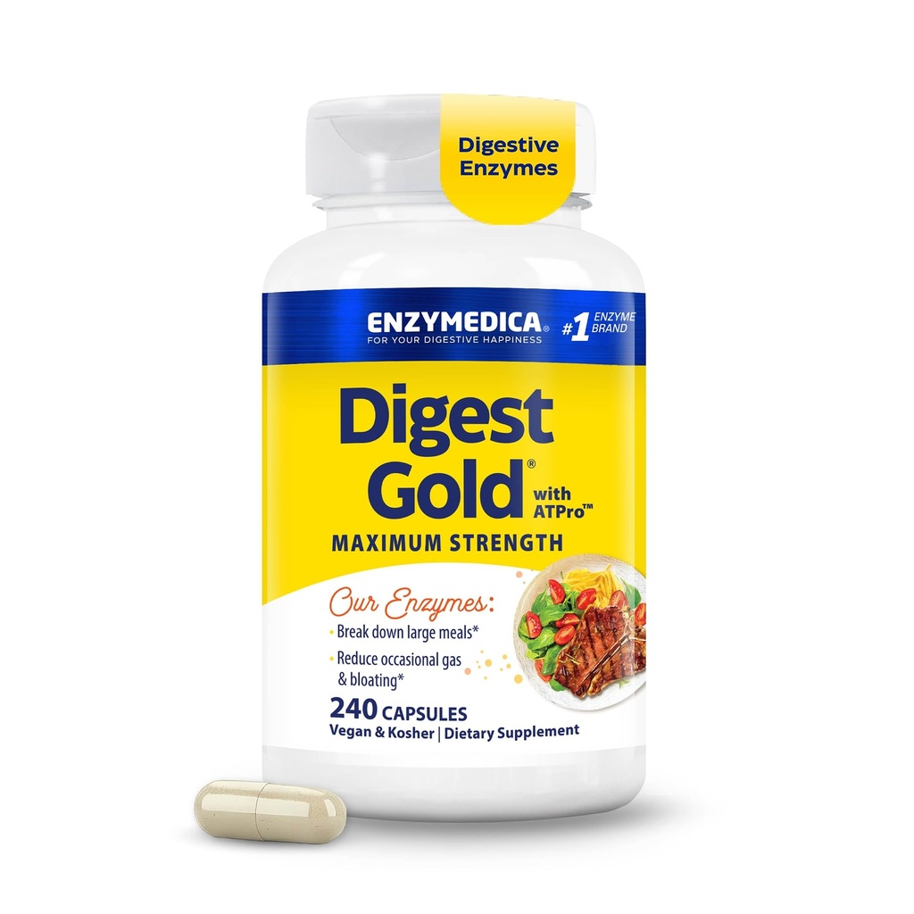 Enzymedica Digest Gold + ATPro, Formula enzimatică cu concentraţie maximă, previne balonarea şi gazul, 14 enzime cheie incluzând Amylase, Protează, Lipază şi Lactază, 240 capsule