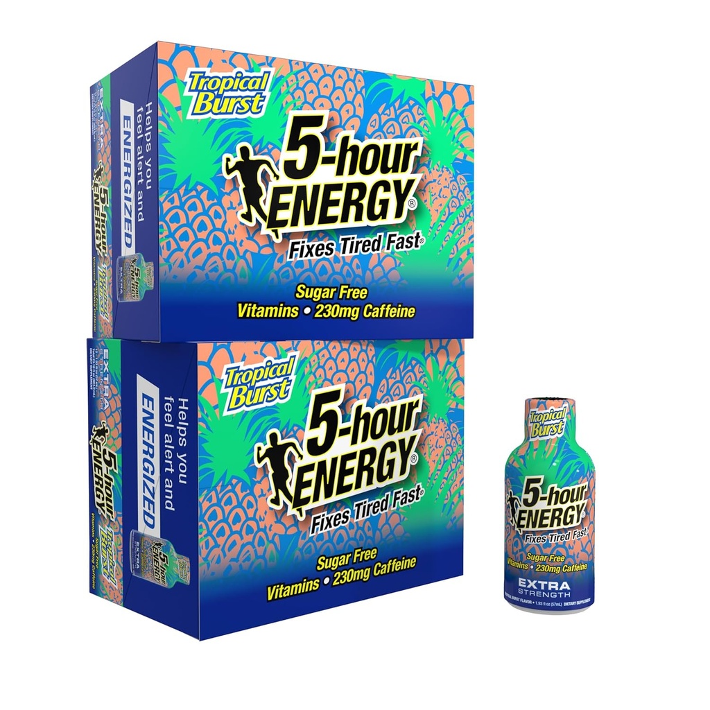 5 ore energie Putere suplimentară Shot, Tropical Burst Flavor (1,93 oz., 24 Conte) Zero Calorii & Sugar-Free 230 mg Cafeinate Shot, Aminoacids & B Vitamine, Suplimente alimentare