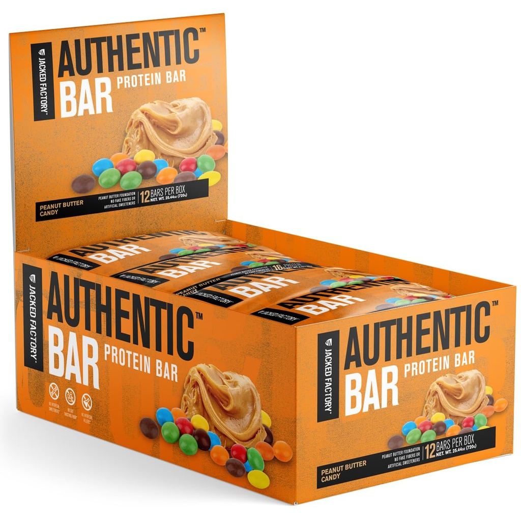 Fabrica Jacked Bar Authentic Unt de arahide Bomboane de proteine Baruri - Tasty Masă de schimb Energy Baruri de energie w/ 16g Whey Proteine Izolate, Zaharuri naturale din miere pură, grăsime sănătoasă - 12 Pack