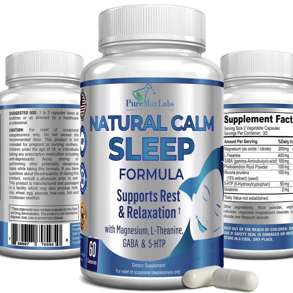 Natural Calm Sleep Aid cu magneziu, L-Teanină, Melatonină, GABA, 5-Htp 