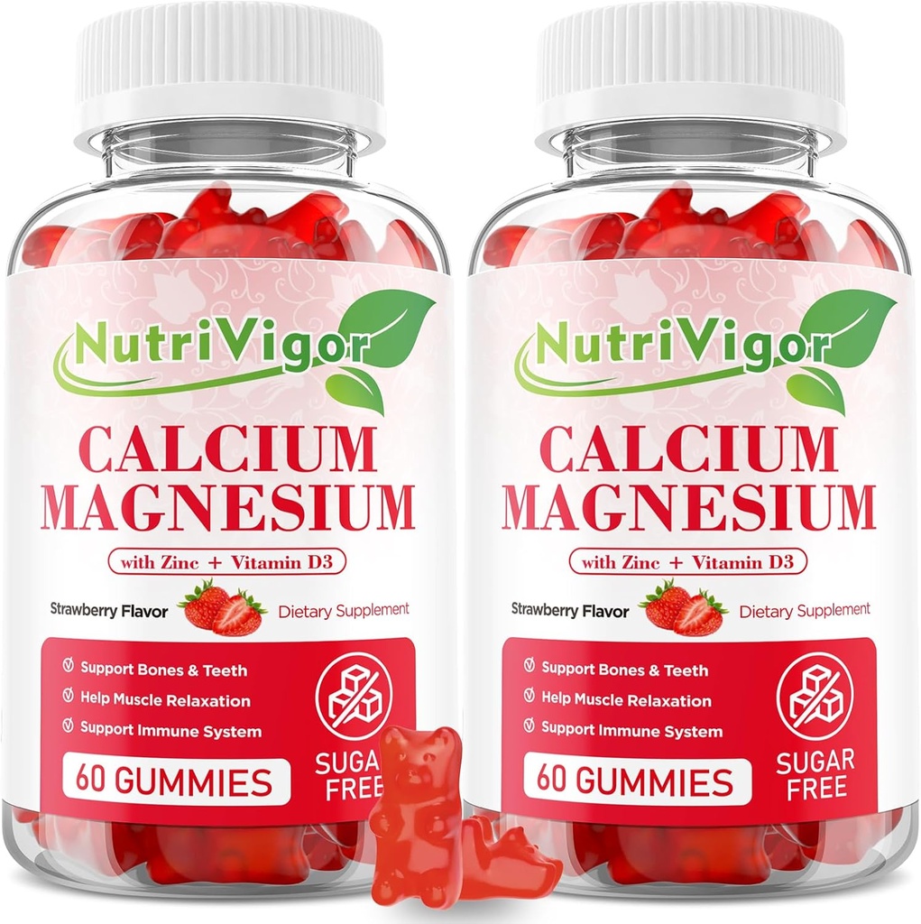 Gume de zinc de calciu Magneziu cu absorbţie mare Magneziu 300mg, Supliment de calciu cu D3 pentru oase, Muşchi şi suport imun pentru copii şi adulţi, Aroma de căpşuni, 120 Conte