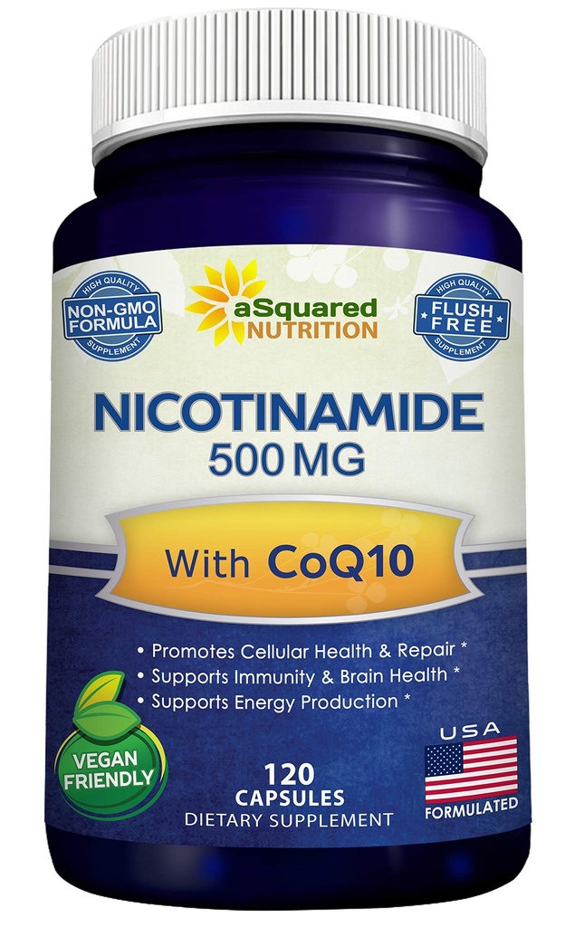 Nicotinamida cu CoQ10 (120 capsule) - Vitamina B3 500 mg (Niacinamidă Flush Free) - Coenzima Q10 pulbere - VIT B-3 & Coq 10 Pastilele suplimentare pentru a sprijini energia, NAD, & Skin Cell Health