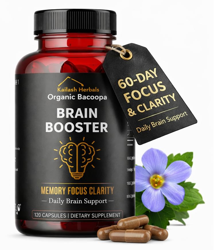 Bacopa, Organic Brain Booster, Nootropic Brain Supplement, Bacopa Monnieri/Brahmi, for Mental Sharpness, Focus, Memory, and Cognitive Wellness, 120 Capsules 500mg, 2 Luna de aprovizionare