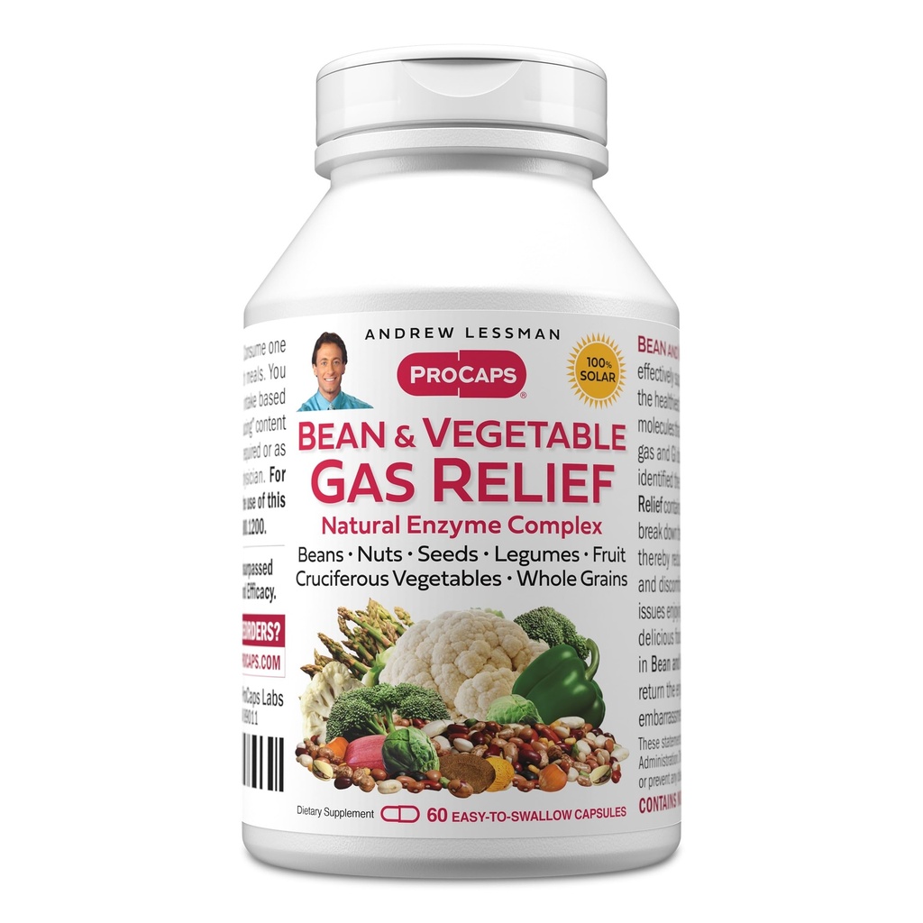 ANDREW LESSMAN Bean and Vegetal Gas Relief 60 Capsule - Complexul Enzim natural reduce gazele naturale, exploatând de la fasole, legume crucifere, fructe, cereale și alte alimente. Blând şi eficient