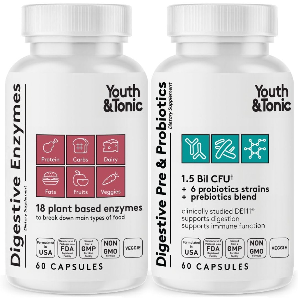 Youth & Tonic Digestive Supplement for Blooting, Regularity & Gut Health. Enzime de spectru complet Probiotice și prebiotice pentru digestia de a sparge alimente și de a utiliza zilnic, pentru femei și bărbați 120 pastile
