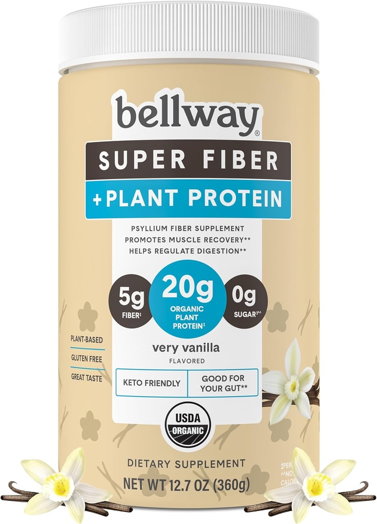 Bellway Super Fiber + Pulbere de proteine, Psiliu organic fără zahăr Husk Fiber Supliment pulbere cu 20g Proteina de plante per servire, foarte vanilie, 12,7 oz