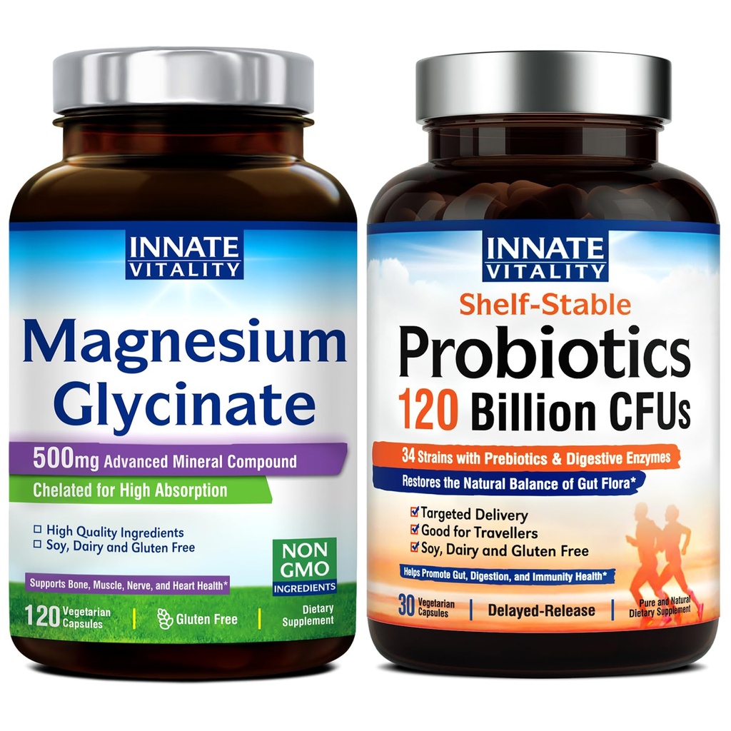 Vitality Innate Magneziu Glicinate & Probiotice 120 Miliarde Bundle, Non-GMO, No Gluten Dairy Soy & Vegan, Magneziu (120 Caps) & Probiotic (30 Caps)