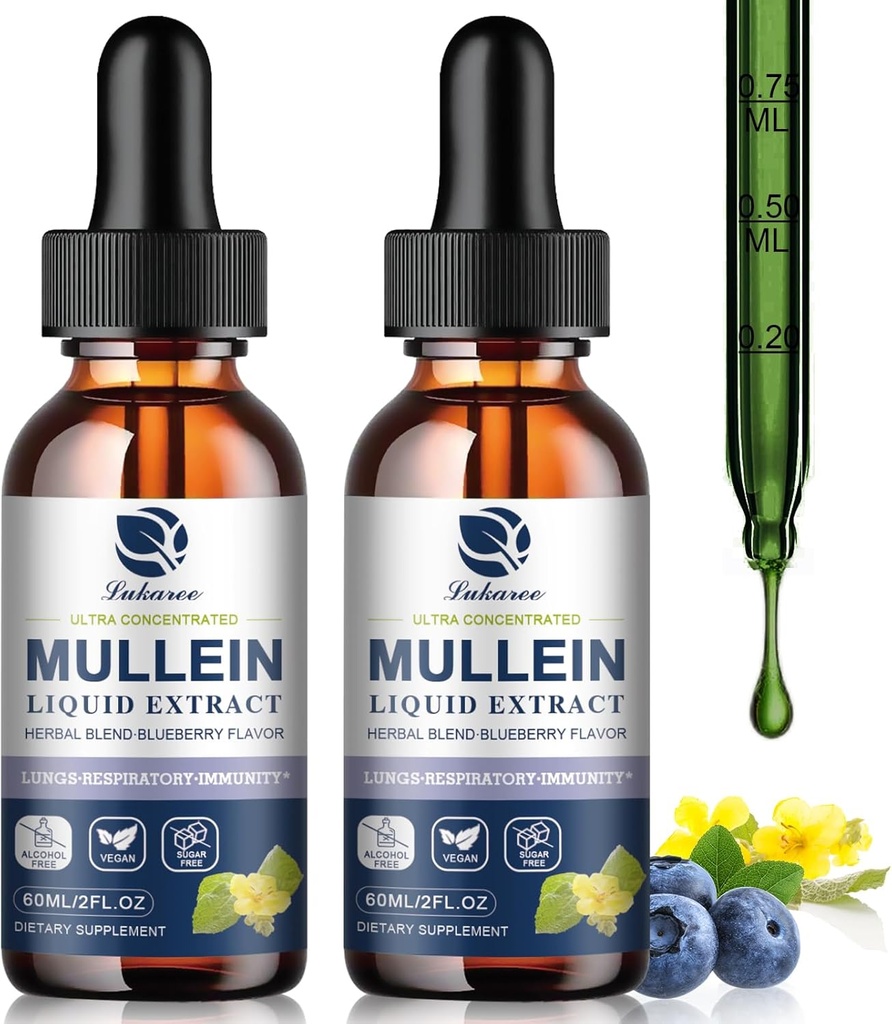 Mullein picături pentru plămâni, Lung Detoxifiere & Cleanse, Vegan Mullein Extract de frunze Tinctură cu Clorofila Elderberry, etc, Natural Herbal Supliment pentru respiratorii, imune, 60 Serviri