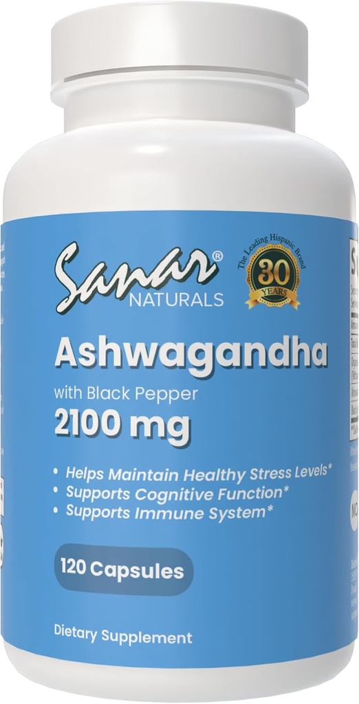 Sanar Naturals Ashwagandha 2,100 mg - Stressse & Mood Supplement - Promovează focus şi susţinut energie, Ashwaghanda pulbere şi root extract Blend cu Pepper negru - non-GMO, 120 capsule