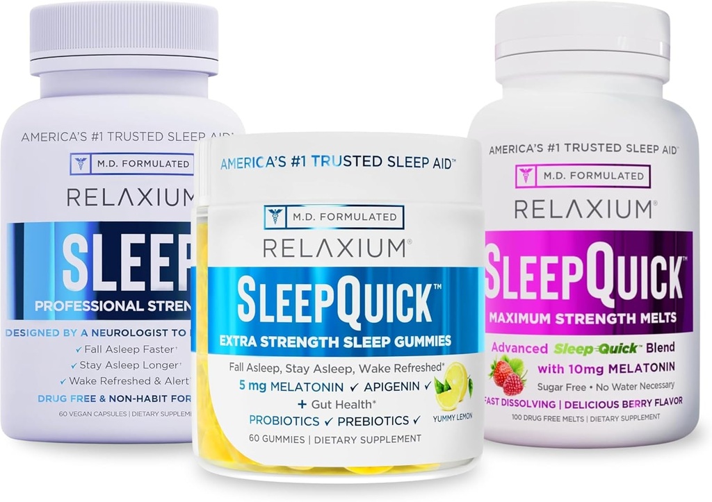 Relaxium Sleep 60 Capsule+ Sleep Quick Melts + Gumies (Family Pack Sleep Bundle)