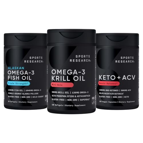 Sports Research Triple Putere Omega-3 Ulei de pește, ulei de krill Antarctica + Fosfolipide, Choline & Astexanthin Mini-Softgels, Keto Plus ACV 500mg de cidru de mere Vinegar & 1500mg goBHB Cetone Exogene