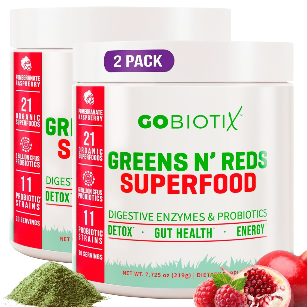 GOBIOTIX Super Greens și Reds pulbere - roșu și verde Superfood - Supliment probiotic - Enzime digestive și rădăcină de sfeclă - Alimente organice întregi Supliment alimentar (Pom zmeură, 2 Pack)