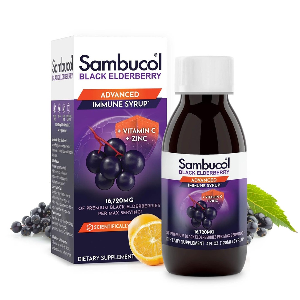 Sambucol Advanced Black Elderberry Syrup - Elderberry cu zinc și vitamina C pentru adulți, Sambucus Elderberry Syrup, Elderberry Liquid - 4 Fl Oz