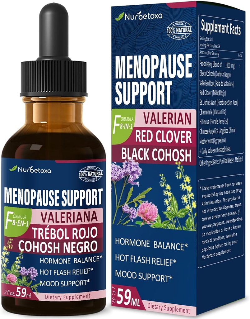 Negru Cohosh Menopause de sprijin picături, Phytoestrogen Suplimente W / Roșu Clover, Motherwort & St John's Wort Extract pentru hot Flashes, Sweats & Confort. Cimitifuga para Menopausia. 2 oz