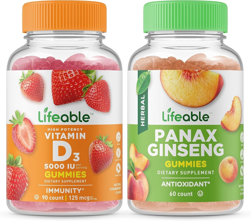 Vitamina D de viață 5000 UI + Panax Ginseng, Gummie Bundle - mare Tasting, Supliment de vitamine, Gluten gratuit, OMG gratuit, Guma de mestecat