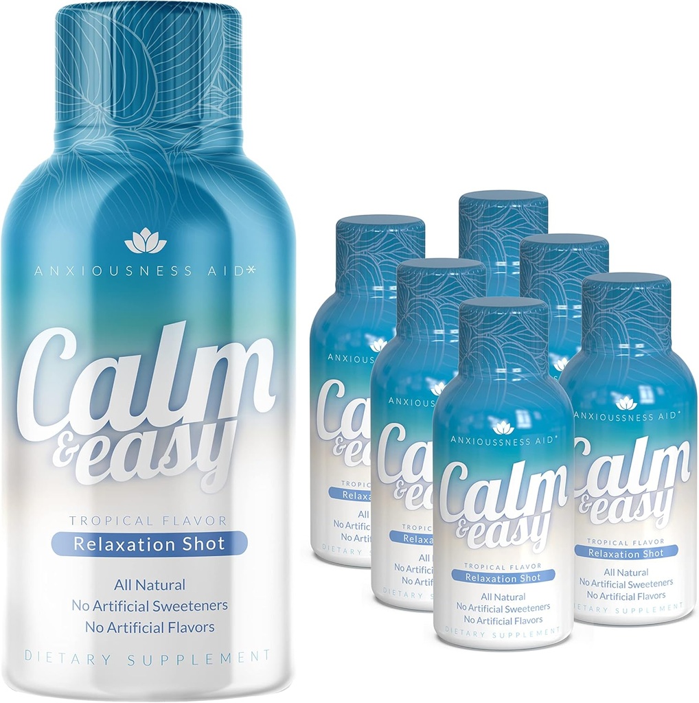 Calm & Easy - Relief natural Stress Shot, KSM-66 Ashwagandha, Suntheanine L Theanine, Calmant Adaptogen Drink, Relaxare, Focus, și Mood 2 oz lichid flacon (6 ambalaj)