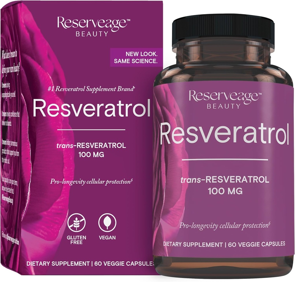 Reservage Beauty, Resveratrol 100 mg, Supliment antioxidant pentru inima si sanatatea celulara, Suporturi Sistemul imunitar si imbatranire sanatoasa, Paleo, Keto, 60 capsule (60 Servings)