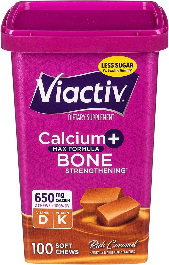 Activ Max Formula Calciu +Vitamina D3 Supliment pentru sanatatea oaselor, Caramel bogat, 100 Chews moale - 6 Pack