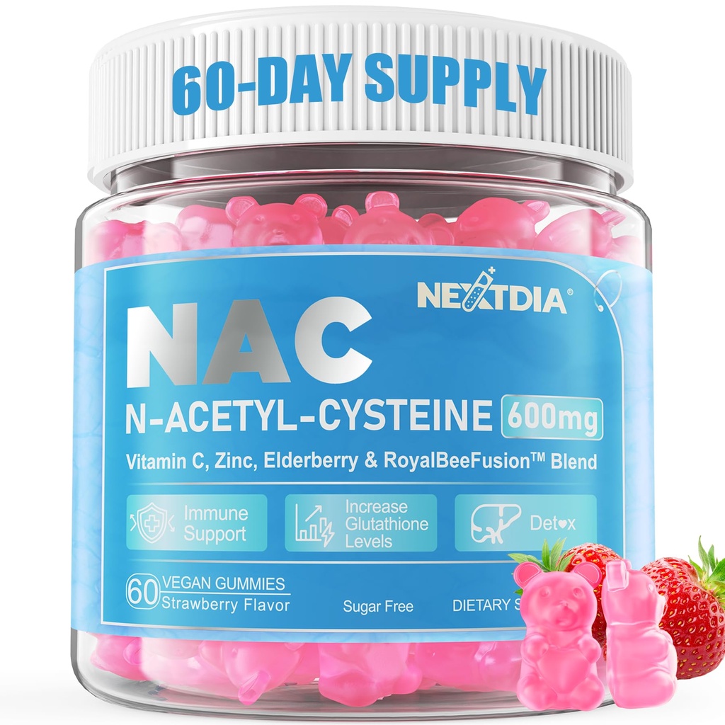 Nextdia NAC Gummies for Kids & Adulti, Chemable N-Acetyl Cysteine Supplement 600mg 1000mg w/Vitamina C, Zinc, Elderberry for Antioxidants & Immune Support, Lung & Ficat Health, Sugar Free, 120 Ct