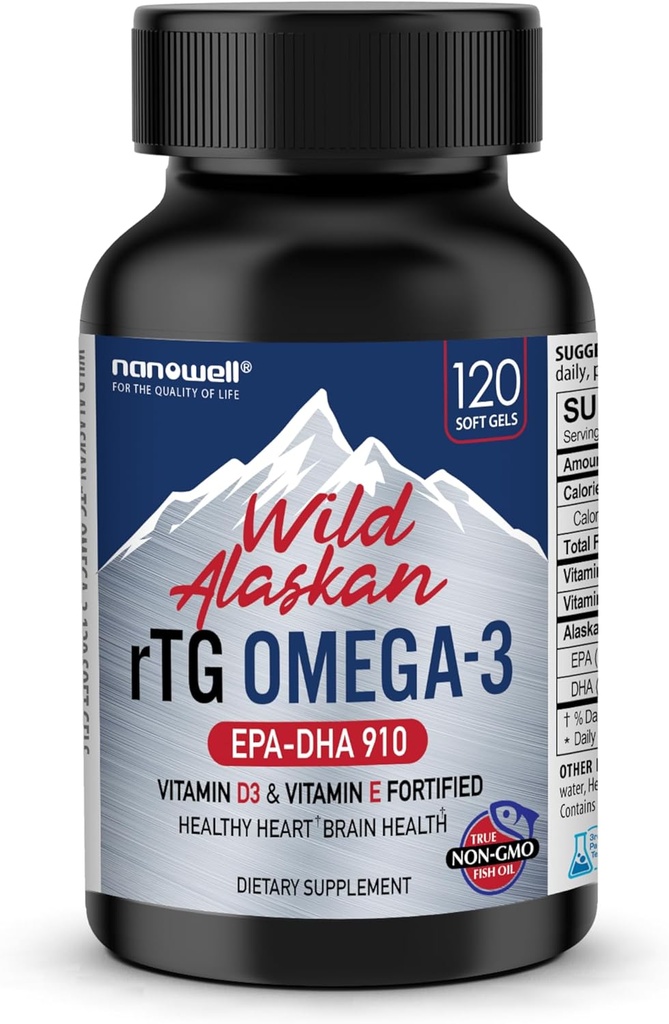 NANOWELL Wild Alaskan RTG Omega-3 ulei de pește 1196mg - EPA, DHA, vitamina D3 & E - 120 Softgels, 60 de zile de aprovizionare